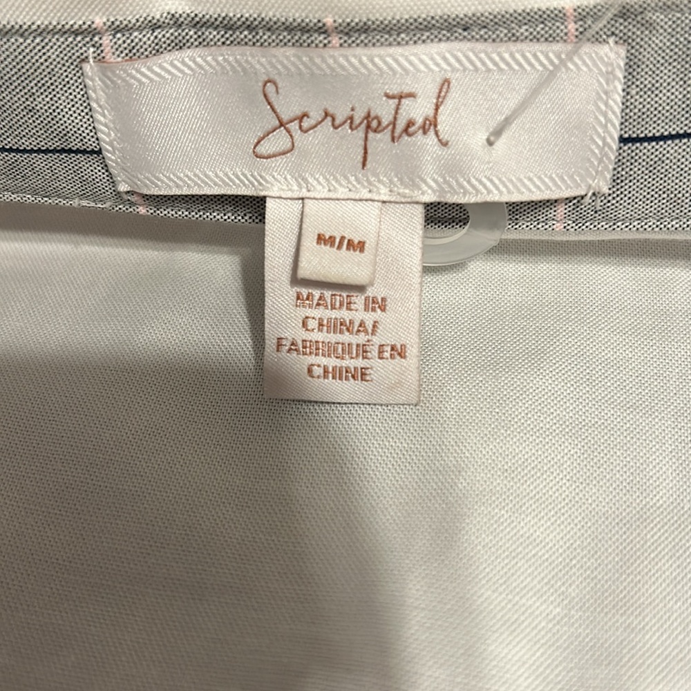 Scripted Asymmetrical 3/4 Button Down Pull Over Blouse white pink gray Ruffle - Picture 17 of 17